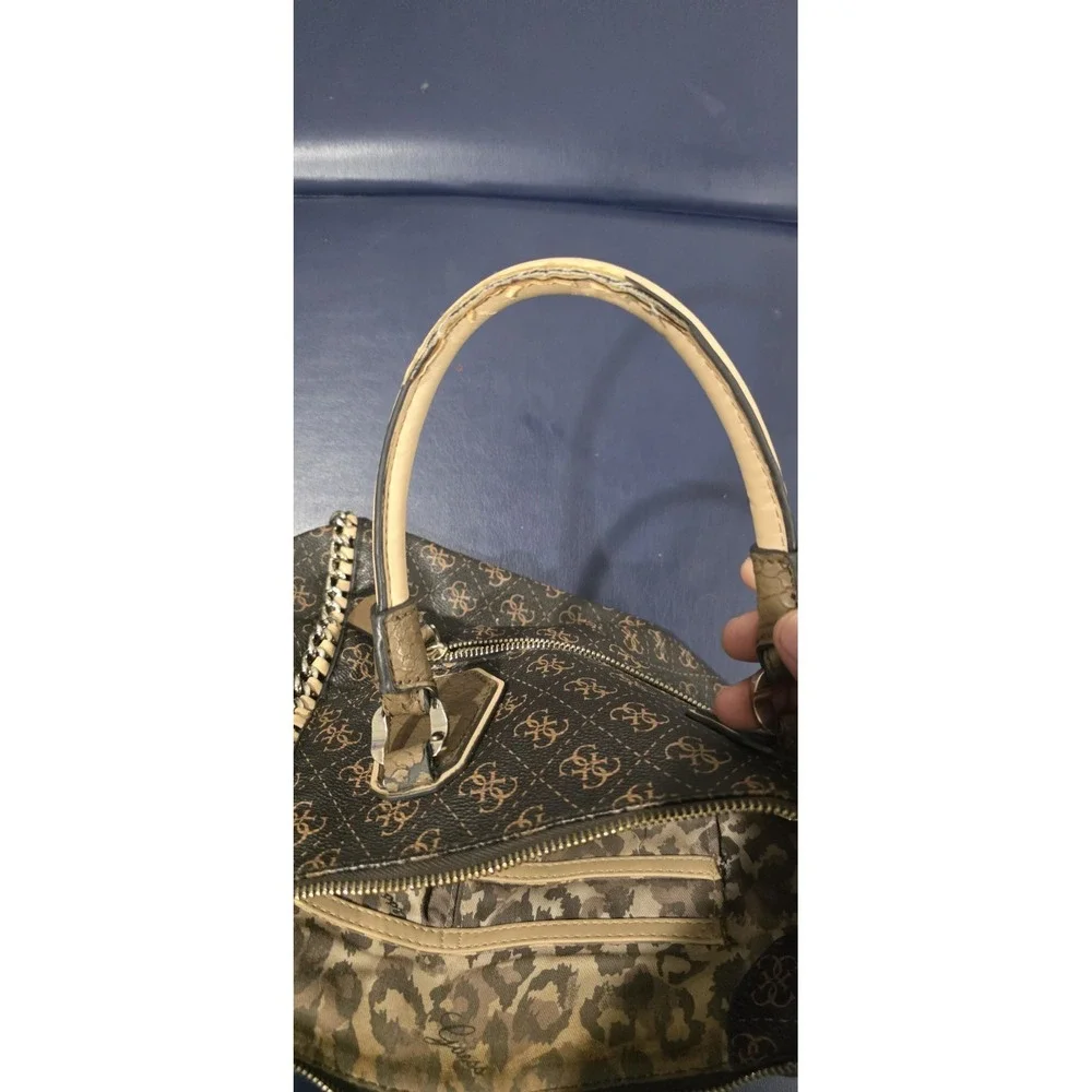 GUESS‎ Brown Beige Logo Chain Studded Satchel Bag Silver Hardware